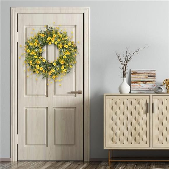 Yellow Daisy Wreath 24 Inch Spring Summer Fake Silk Floral with Green Eucalyptus - Picture 5 of 7